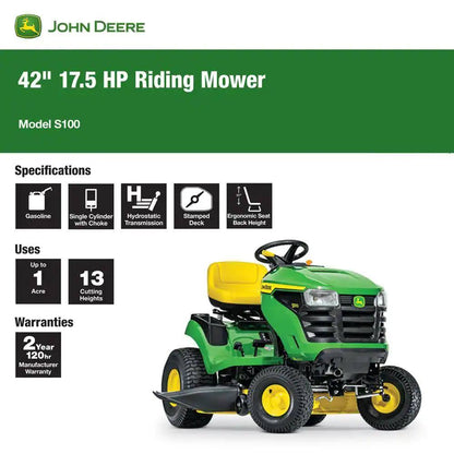 John Deere S100 42 in. 17.5 HP Gas Hydrostatic Riding Lawn Tractor