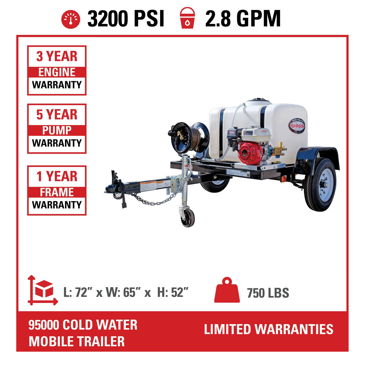 Simpson 95000 3200 PSI 2.8 GPM Cold Water Trailer Pressure Washer System w/ Honda Engine